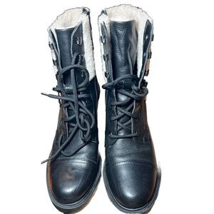Marc Fisher Black Lansly Genuine Leather Fur Lined Combat Boots‎ size 8.5